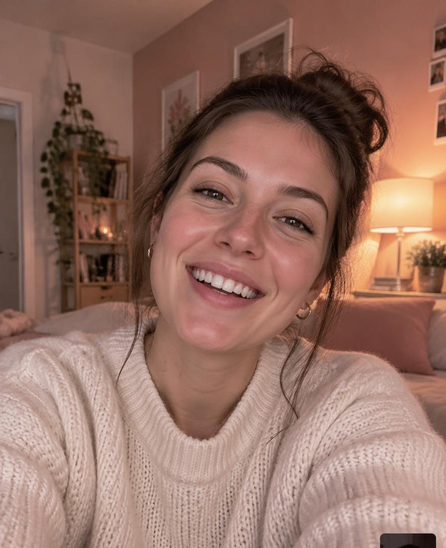 Sample creator portrait: a woman laughing warmly during a live video call