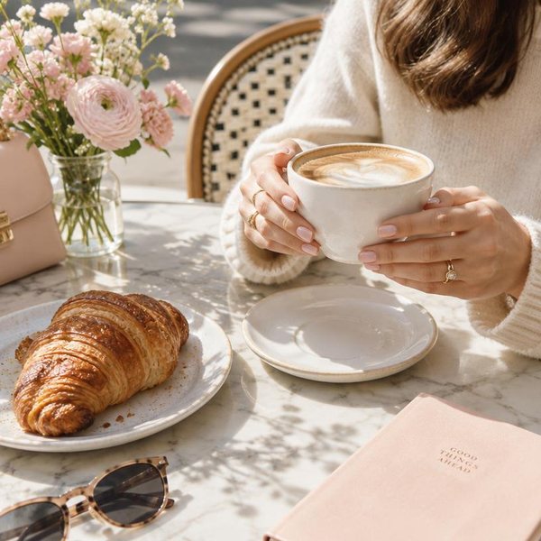 Coffee and croissant at a sunny café table